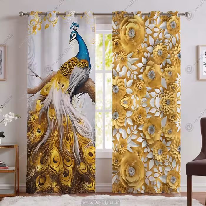 پرده پانچی سه بعدی طرح طاووس با پرهای طلایی و گل های سفید طلایی PK-5333