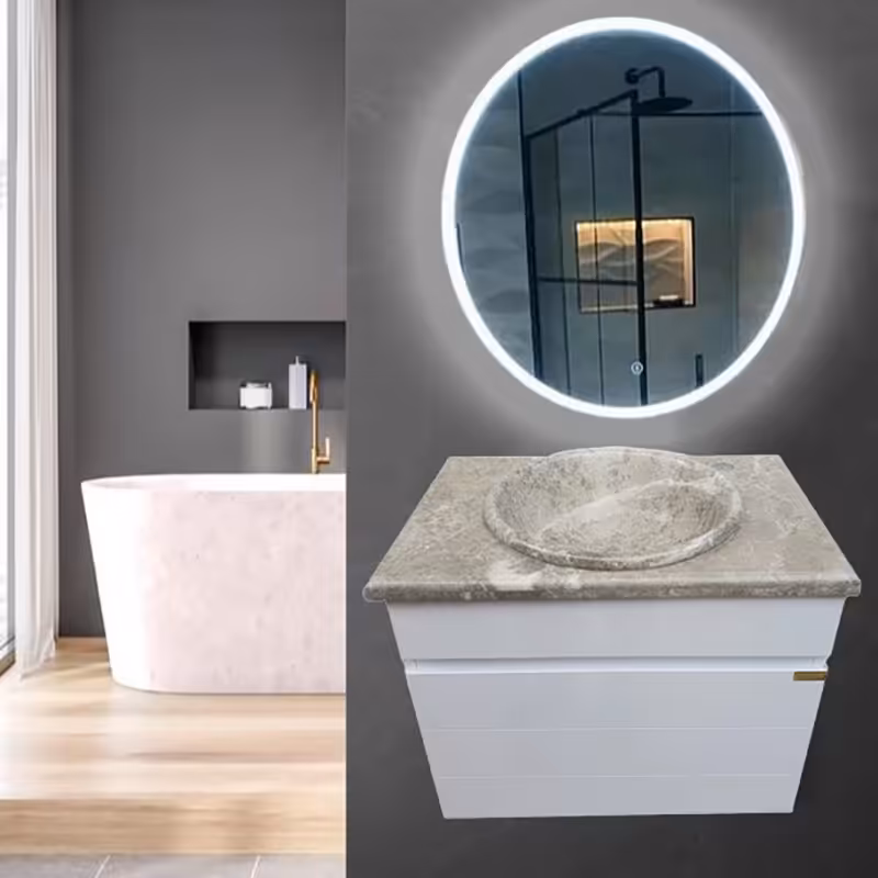 روشویی کابینتی دیواری سفید سایز50 باسنگ طبیعی طوسی توکار همراه  آینه بک لایت گرد (پس کرایه)