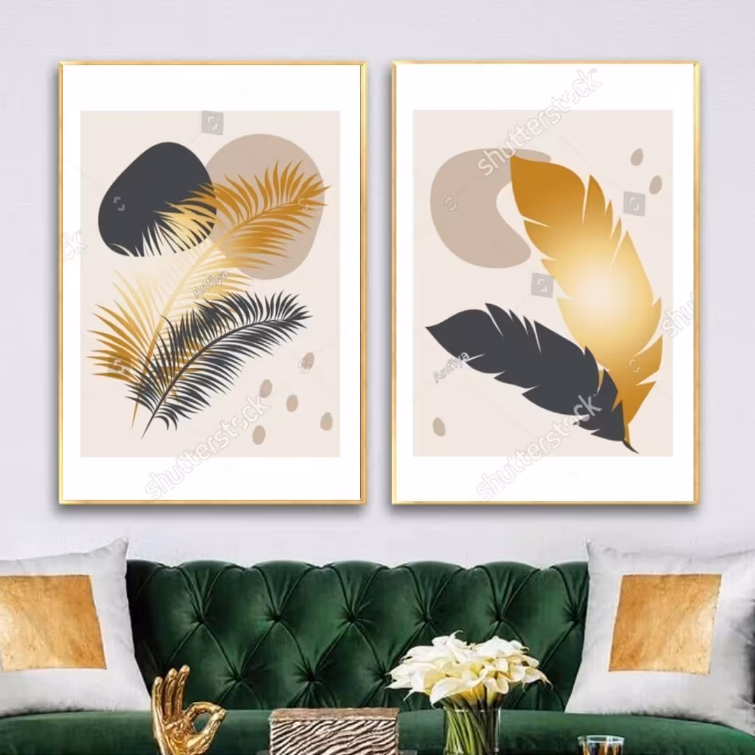 تابلو دکوراتیو پر وبرگ طلایی ومشکی دو تکه هر تکه 40در60