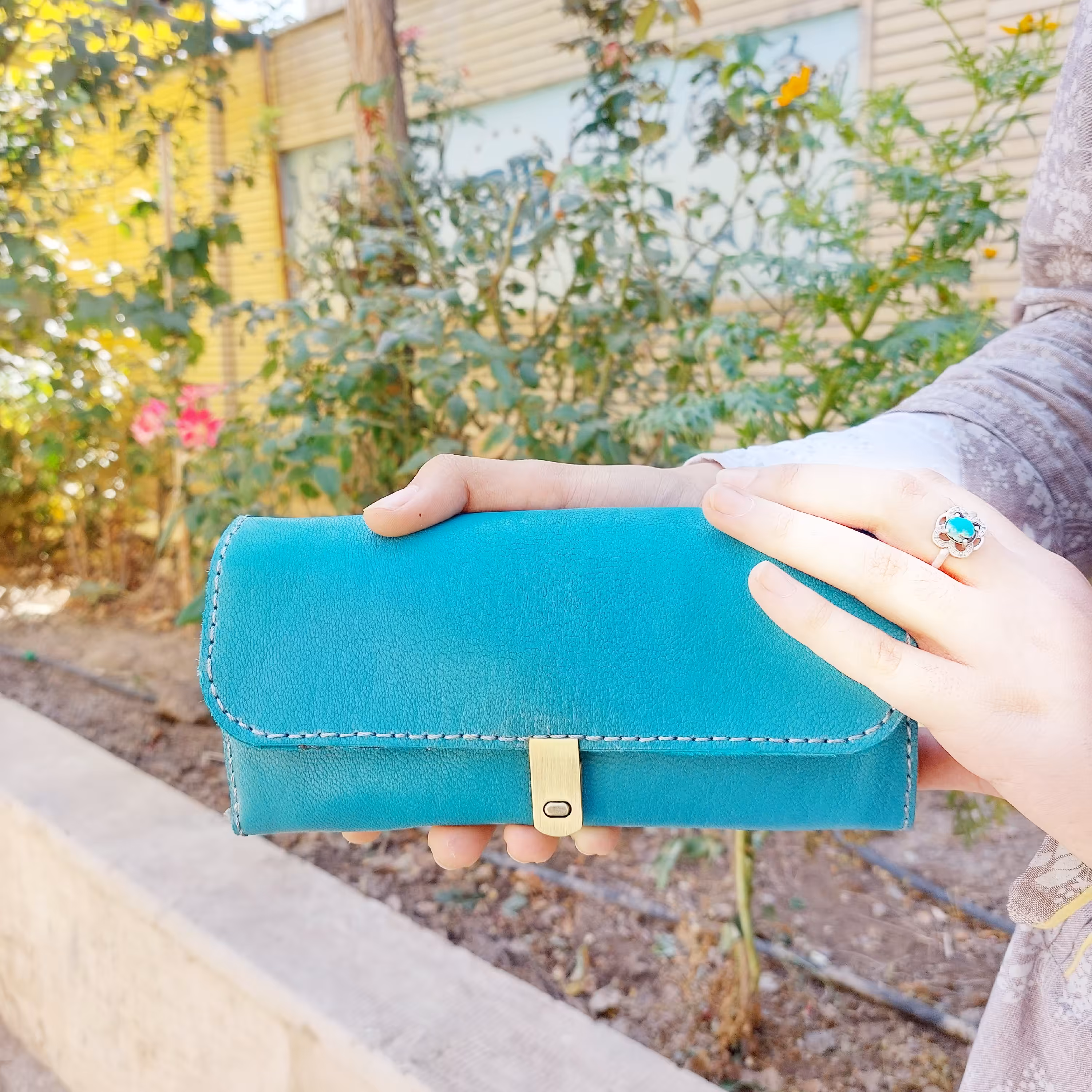 کیف پول طبله بادبزنی چرم طبیعی دست دوز 