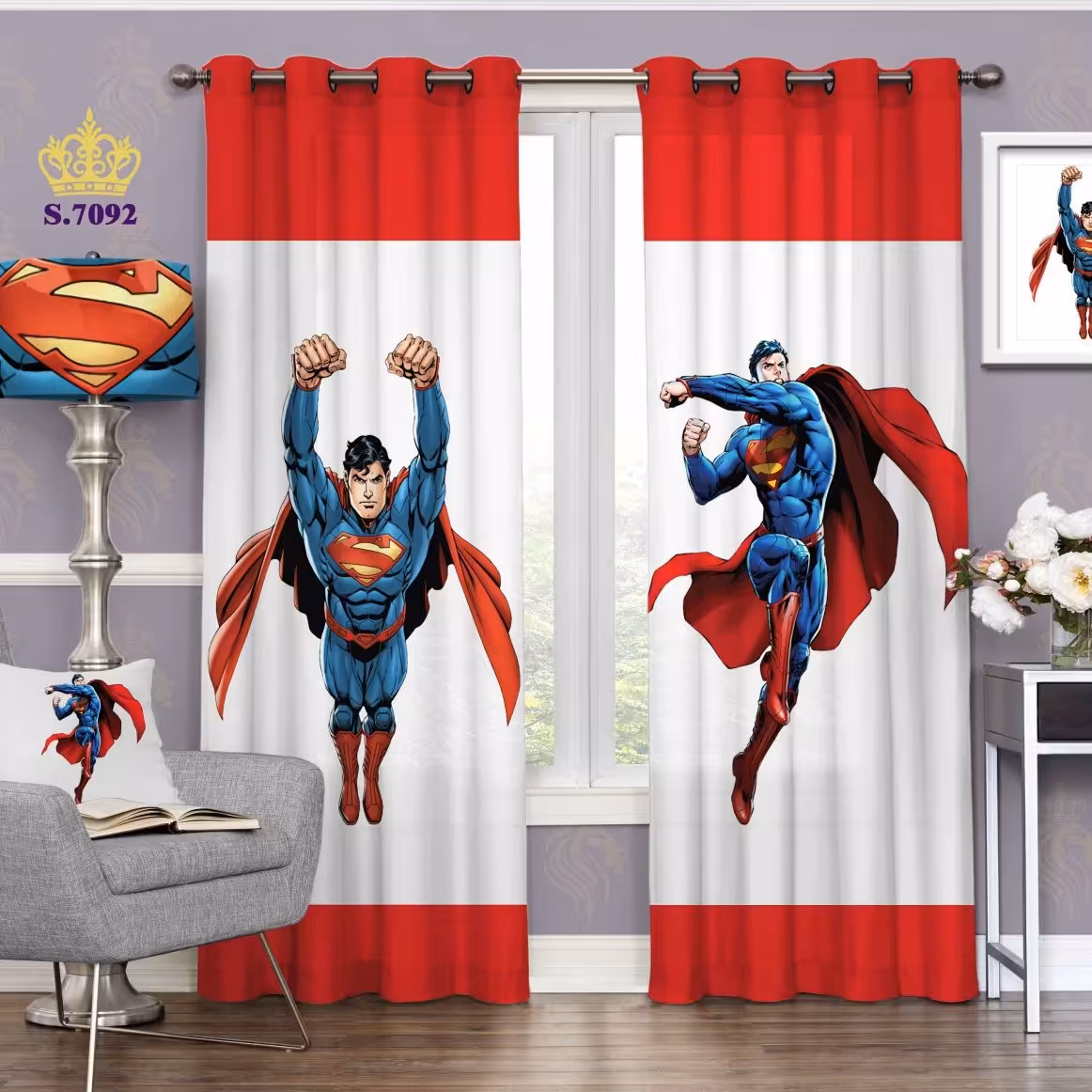 پرده اتاق خواب کودک دو قواره پانچ مدرن طرح سوپر من کد S7092