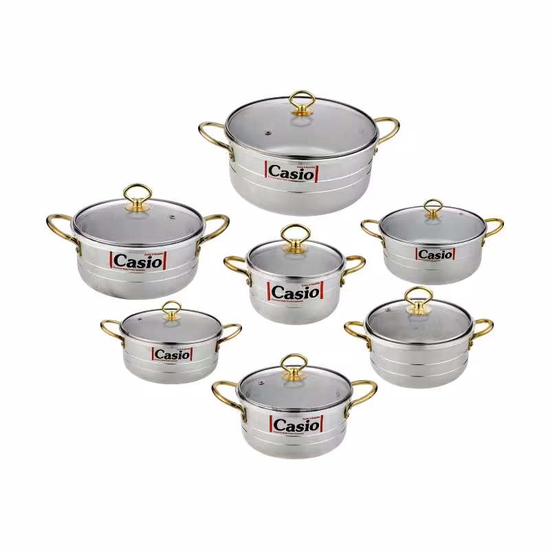 سرویس قابلمه 14 پارچه کاسیو دسته طلایی طرح چدن