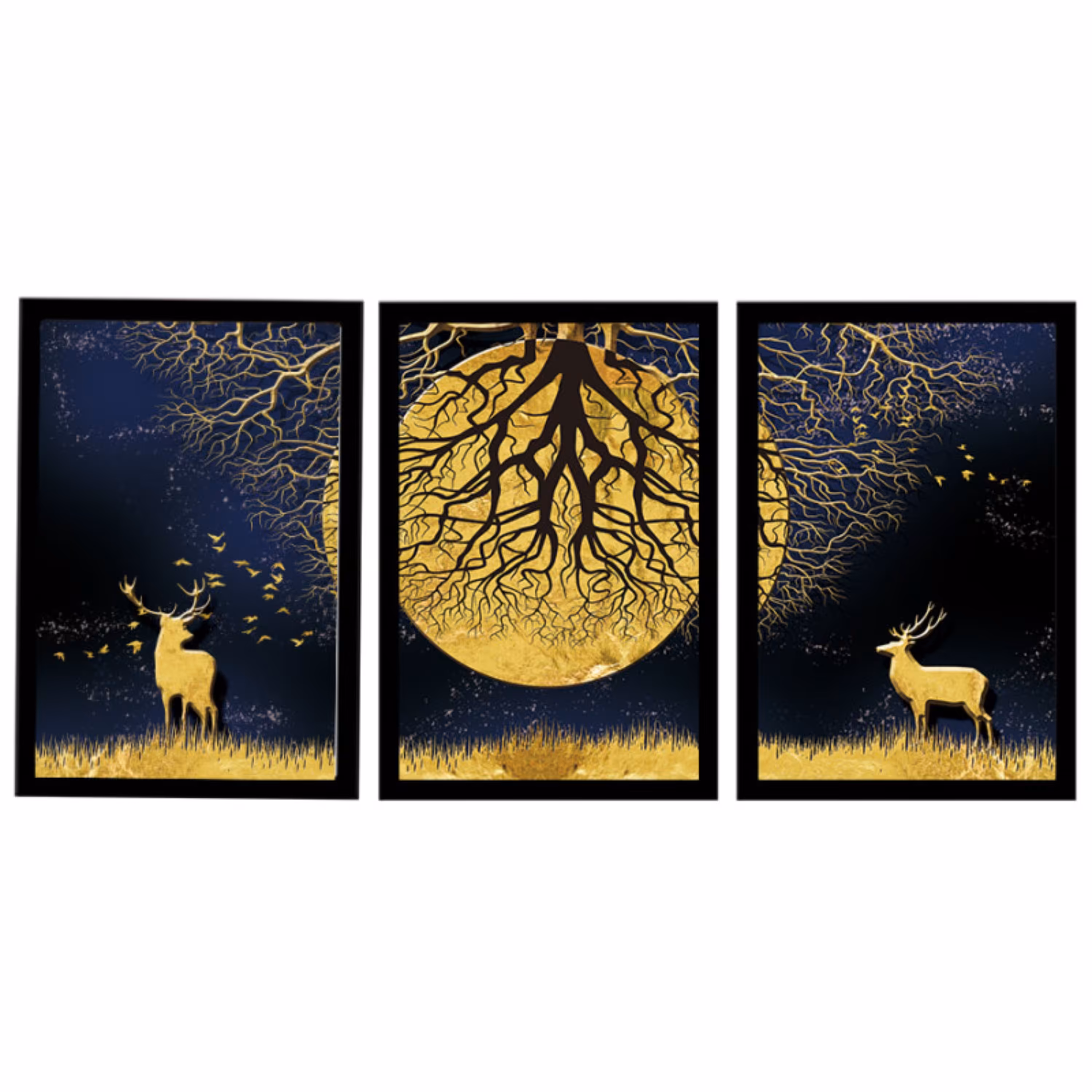 تابلو دکوراتیو فانتزی طلایی گوزن وماه سه تکه سایز هر تکه50در70