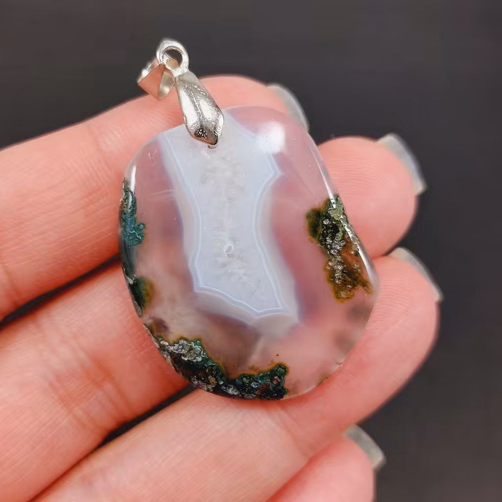 آویز اسلب عقیق خزه‌ای به همراه زنجیرکد: Y 8322