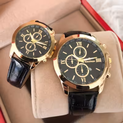 ساعت ست بندچرم قاب طلایی