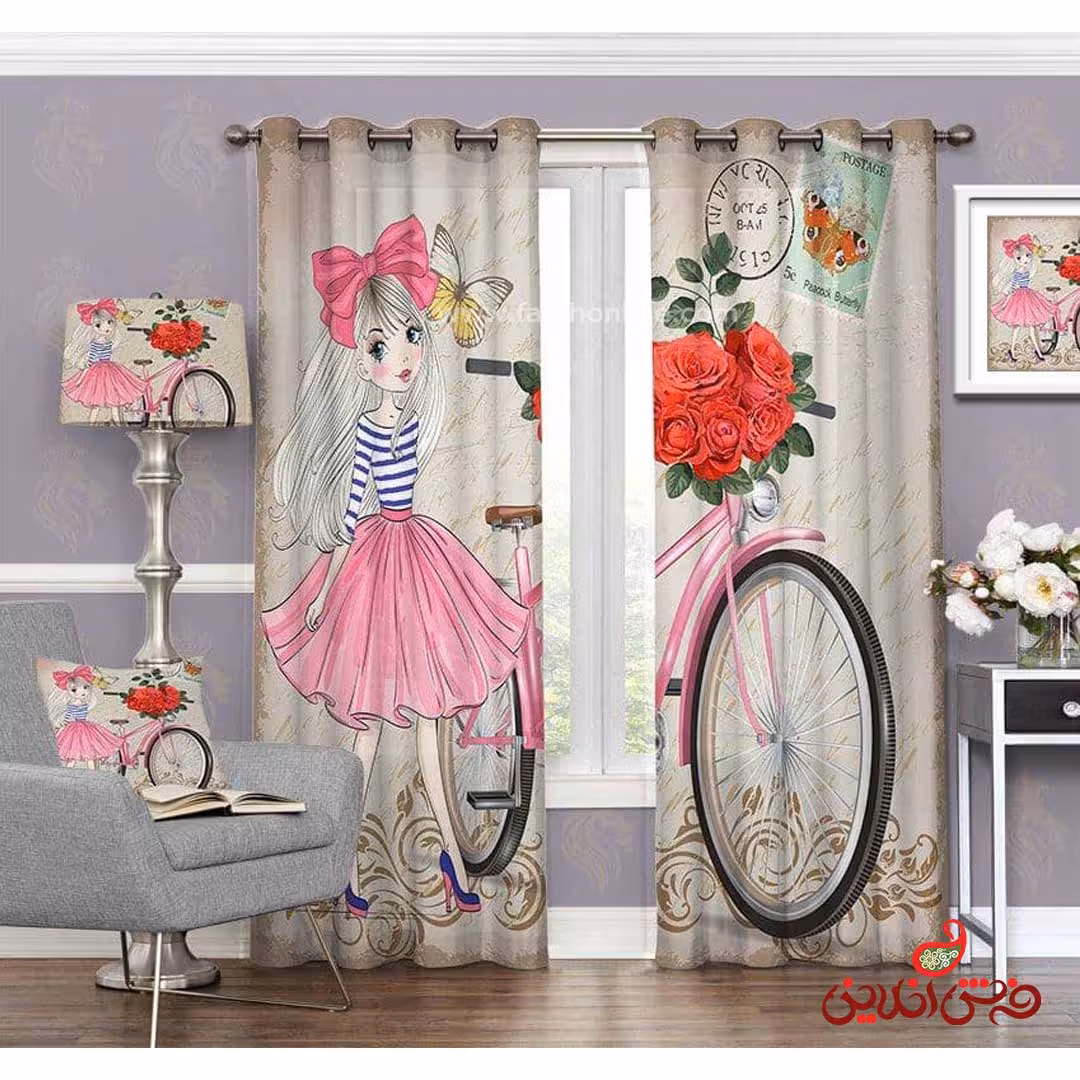 پرده 2عددی کودک طرح دختر و دوچرخه کد 3117