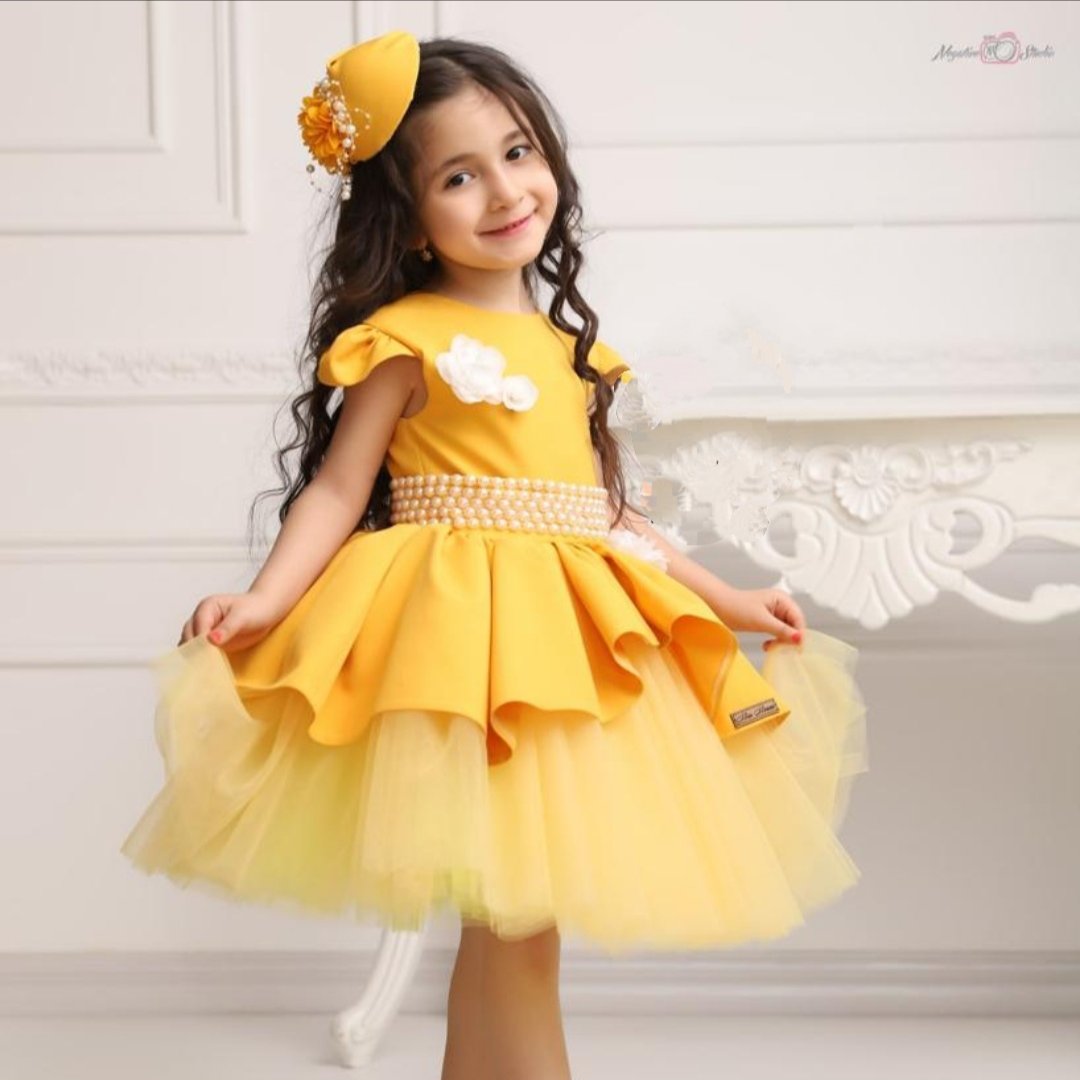 پیراهن مجلسی زرد مروارید دار