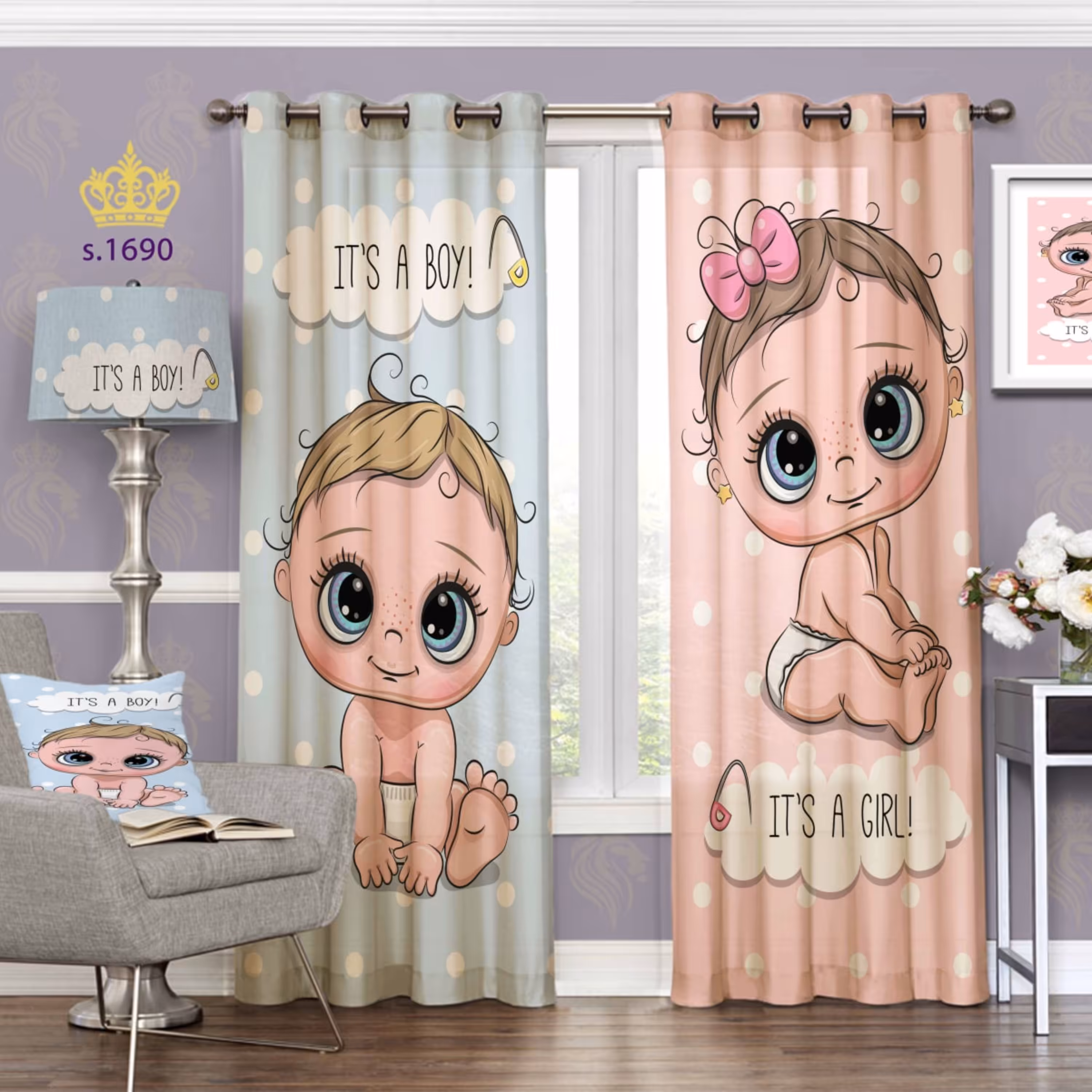 پرده اتاق کودک - دختر و پسر  نوزاد - کد 1690