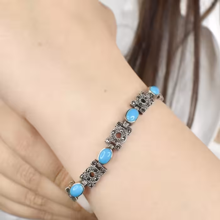 دستبند نقره سیاه قلم با سنگ فیروزه کد 9784
