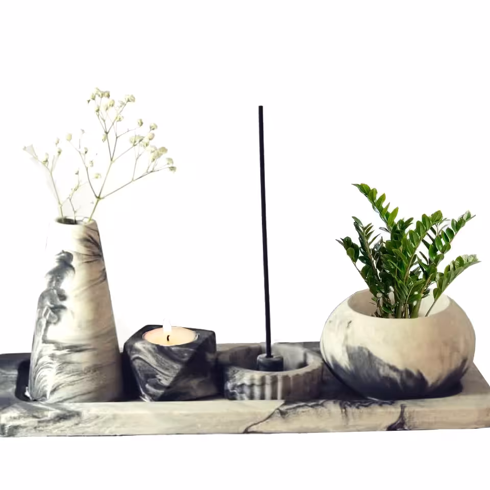 ست  گلدان وجاشمعی وجاعودی سنگ مصنوعی طوسی مشکی