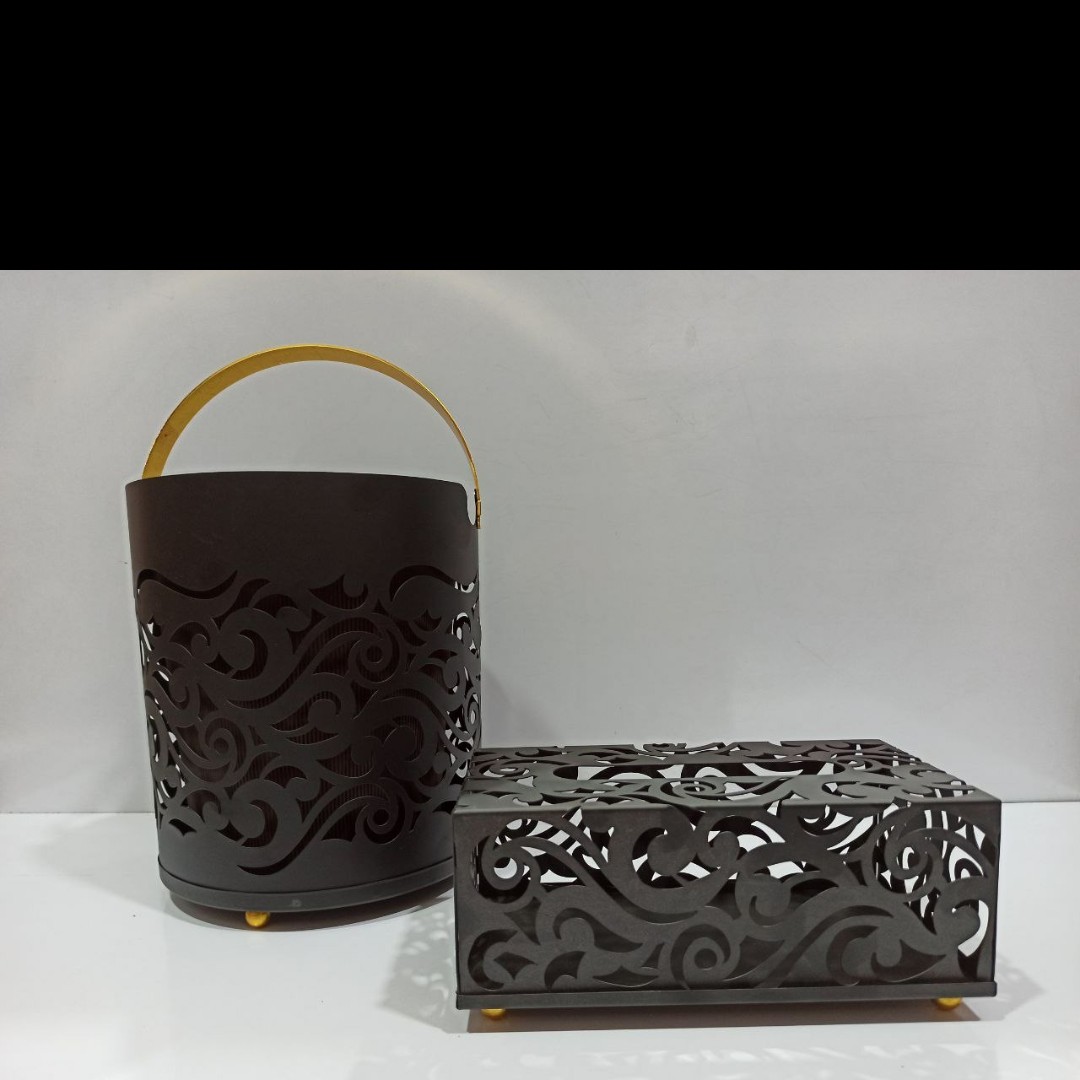 ست سطل و جا دستمالی لیزری مشکی دسته و پایه طلایی کد زمانی