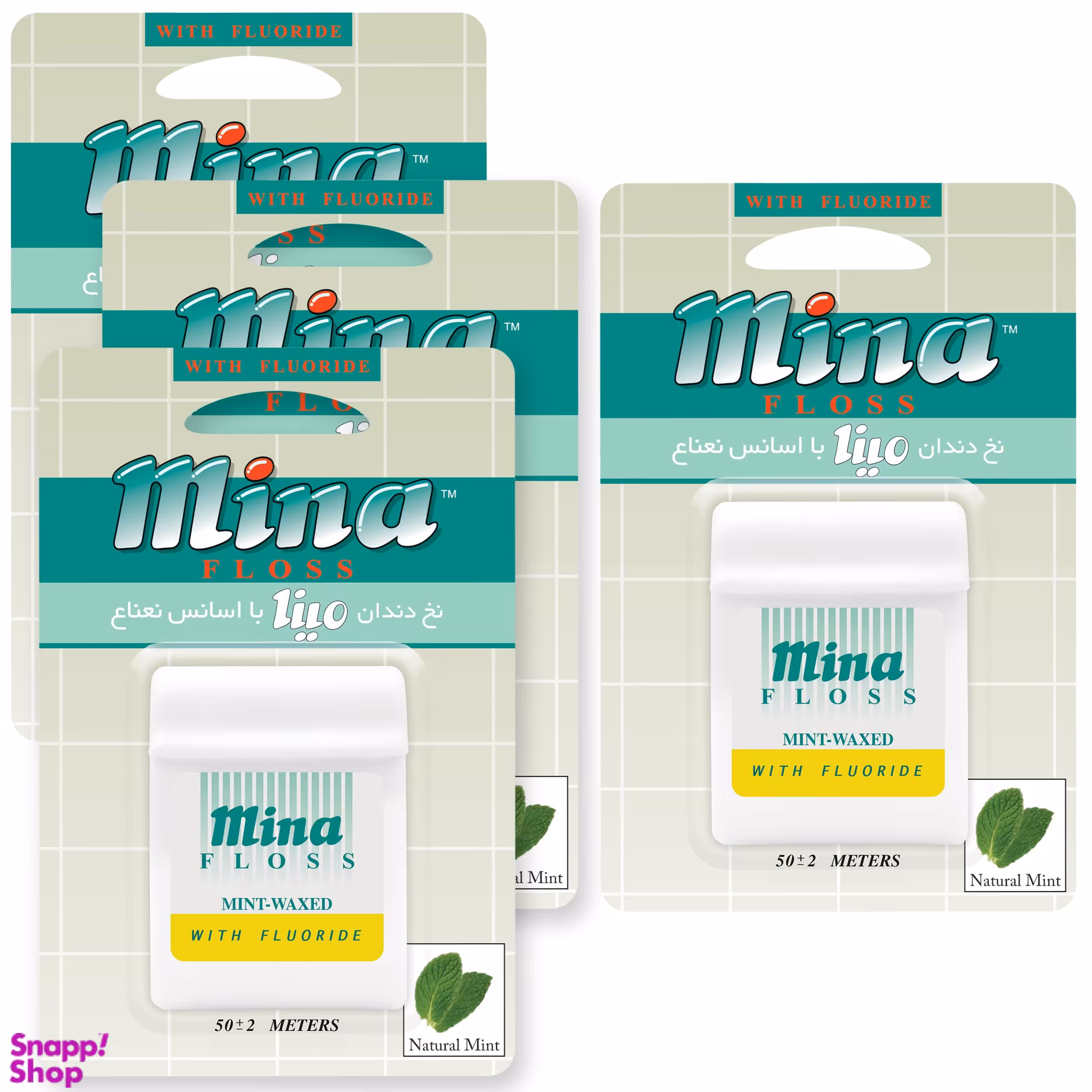 نخ دندان مینا (Mina) مدل Mint طول 50 متر بسته 4 عددی