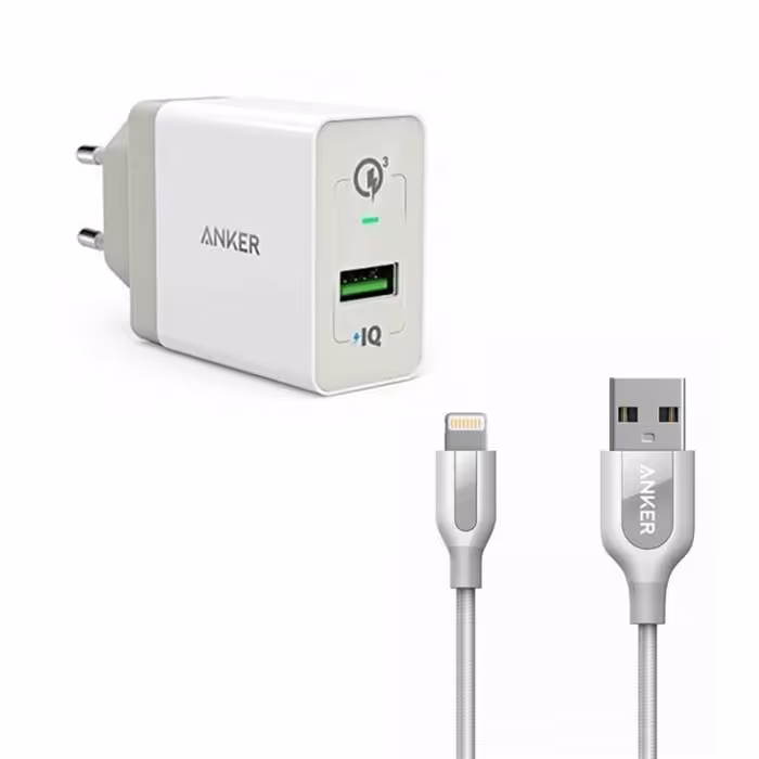 شارژر دیواری انکر مدل  A2013 PowerPort Plus 1 به همراه کابل تبدیل لایتنینگ