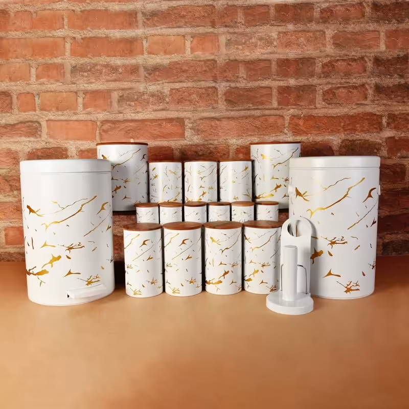 سرویس آشپزخانه 18 پارچه  درب چوبی طرح ماربل سفید طلایی برند (MGS)