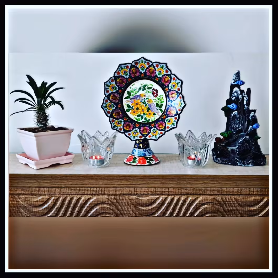 نقاشی رومیزی سفالی قطر 20 و ارتفاع 27 رنگ ثابت قابل شستشو