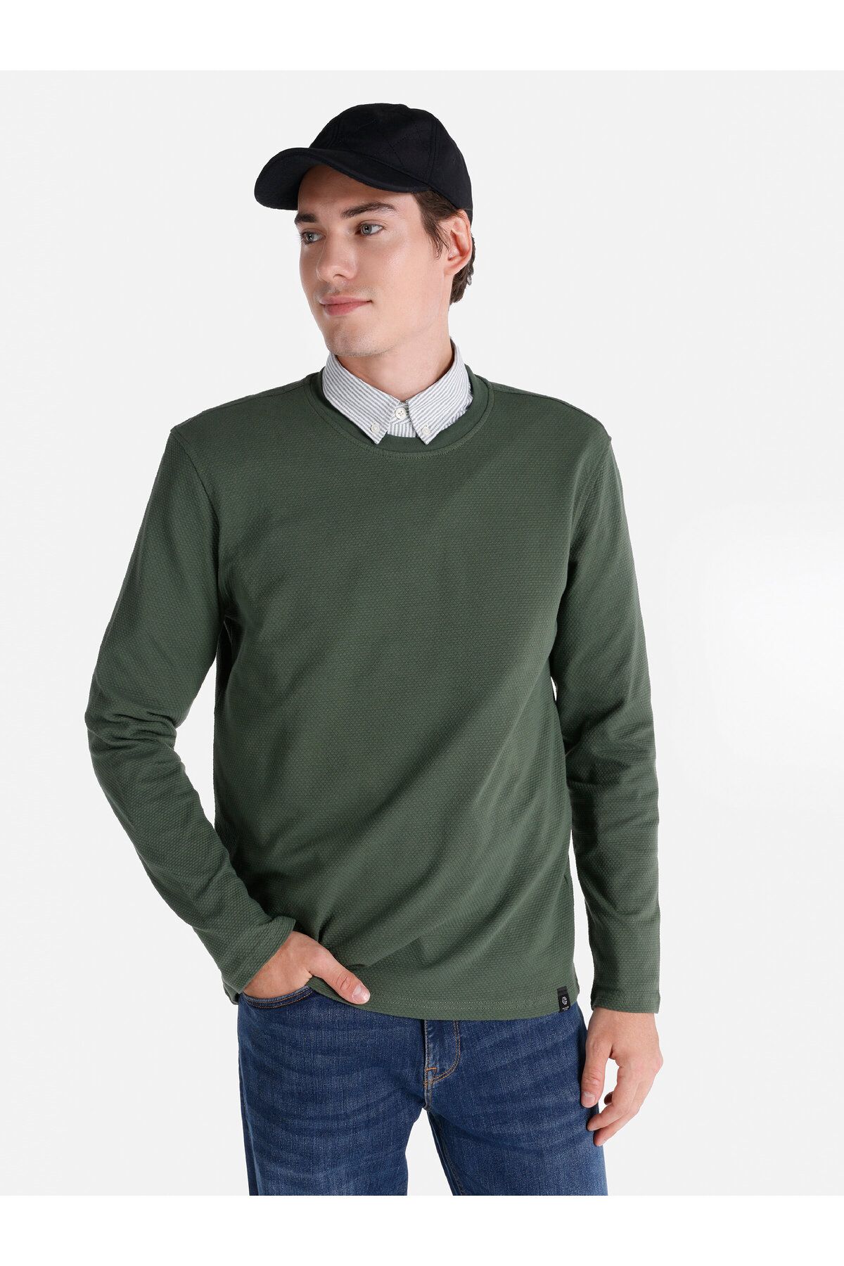 تی شرت سبز مردانه یقه دوچرخه مناسب به طور منظم آستین بلند T shirt Colin’s