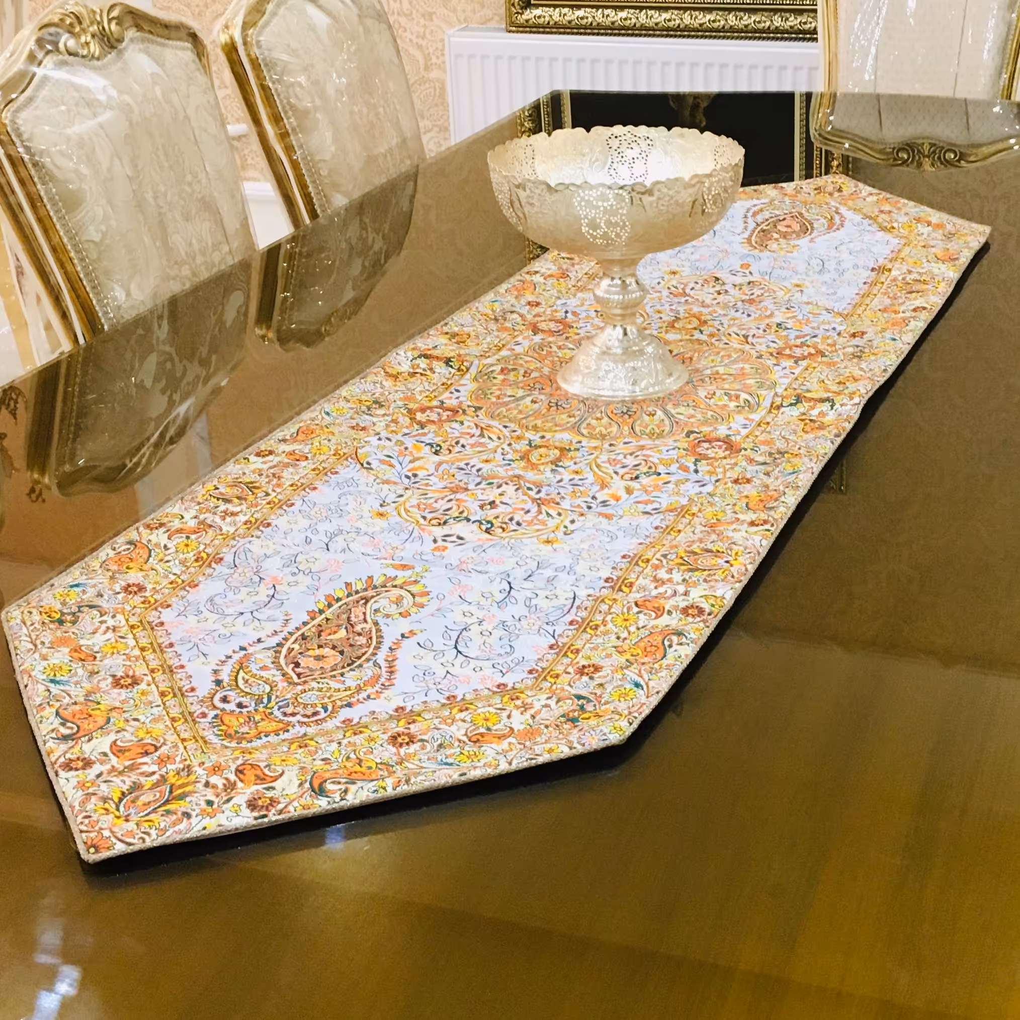 رومیزی رانر ترمه ابعادطرح افشار(50x150)سفید
