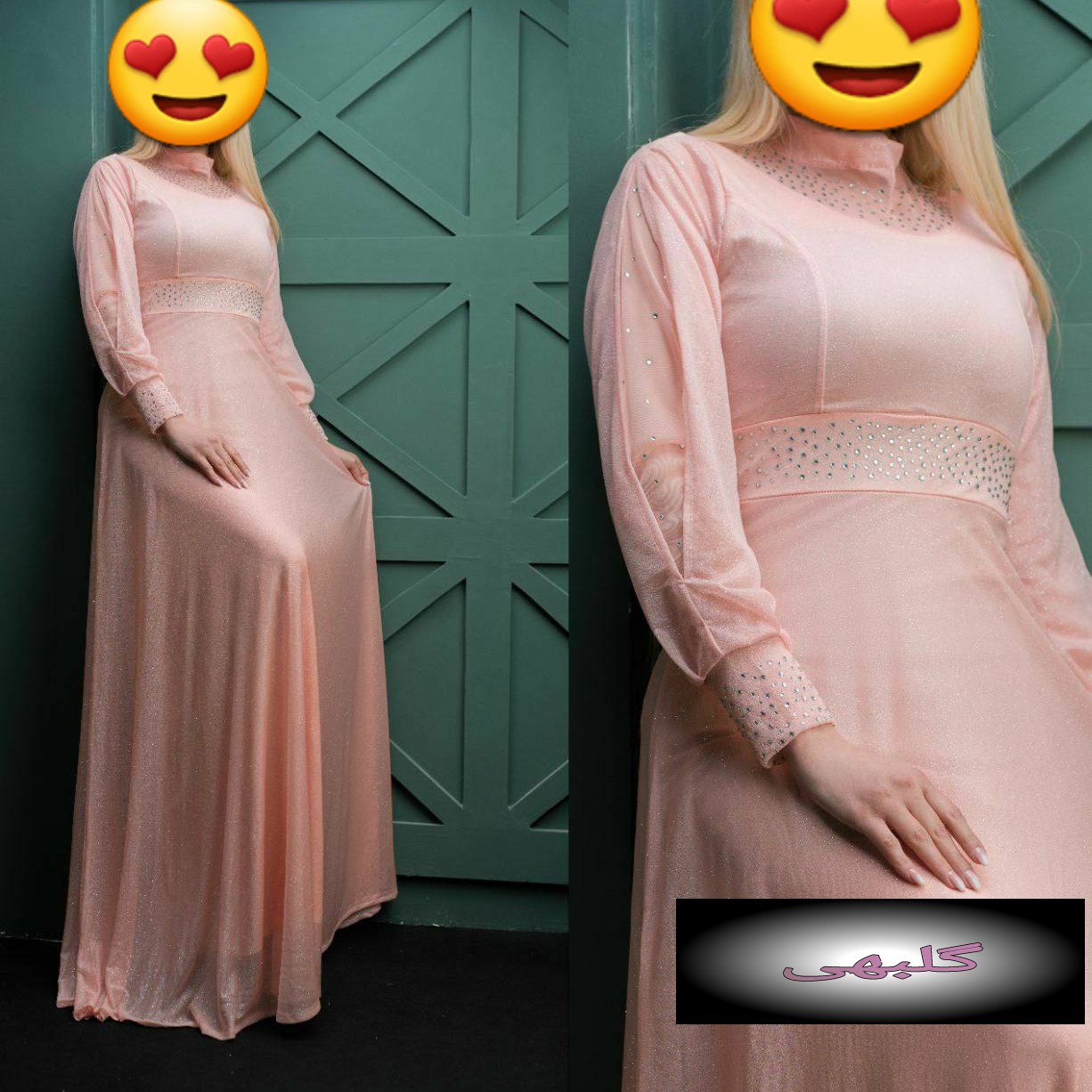 پیراهن مجلسی حریر شاین گرم بالا آستین مچ پیش سینه نگین کاری
