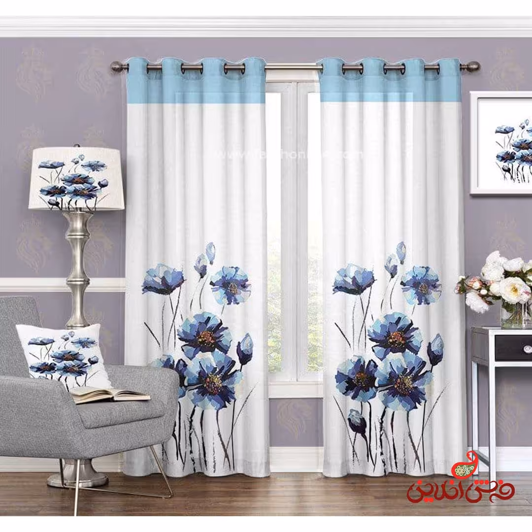 پرده طرح گل آبی کد 3615