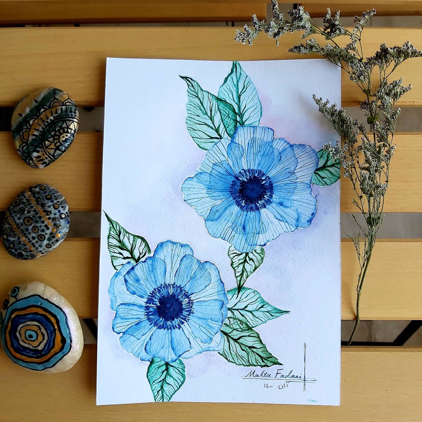 نقاشی آبرنگ از مجموعه گل های شفاف متالیک کد5 (بدون قاب)