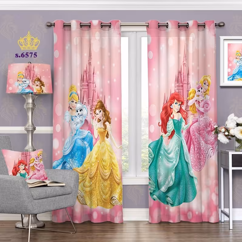 پرده اتاق خواب دخترانه دو قواره طرح پرنسس ها کد S6575