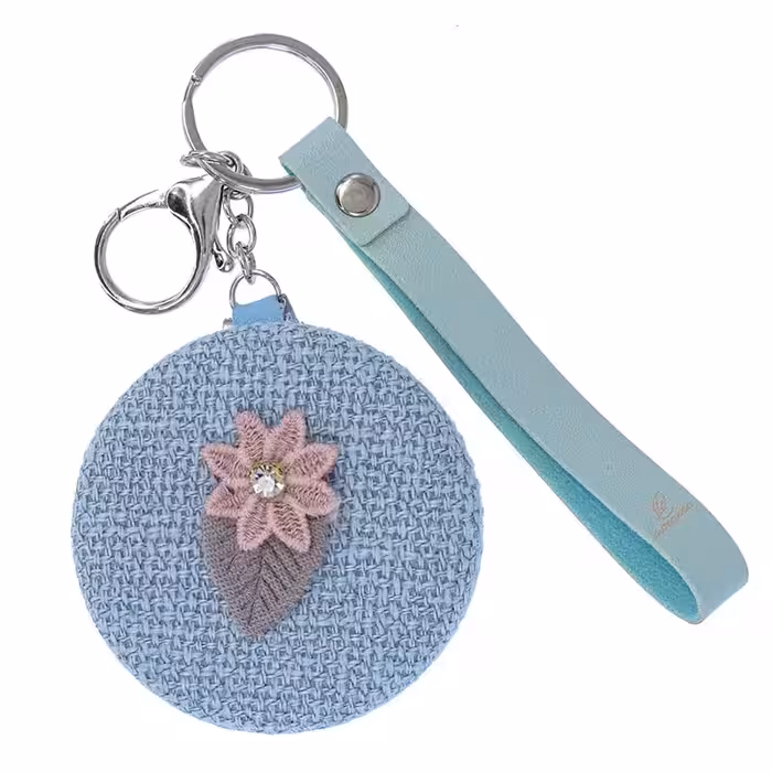 آینه گرد جیبی (آرایشی) فانتزی پارچه ای آبی طرح گل 075