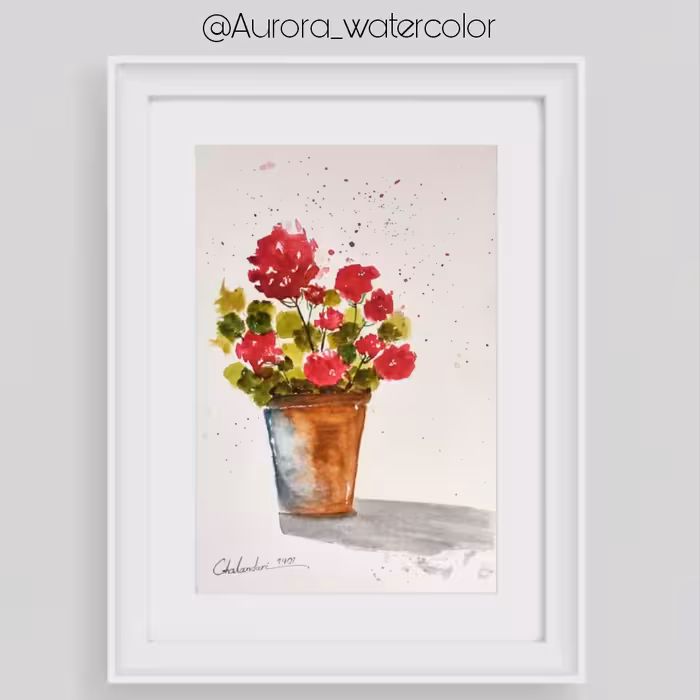 نقاشی گلدان شمعدانی تکنیک آبرنگ