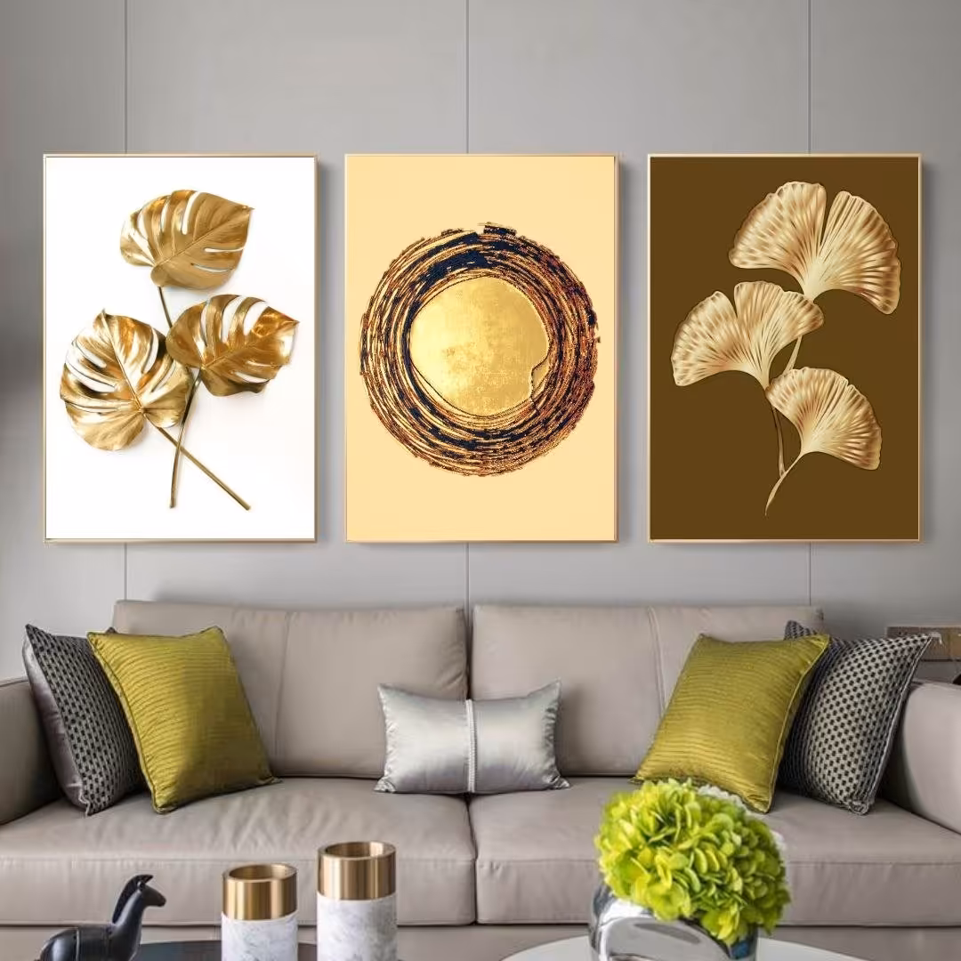 تابلو دکوراتیو 3تیکه گل طلایی زمینه طلایی سفید
