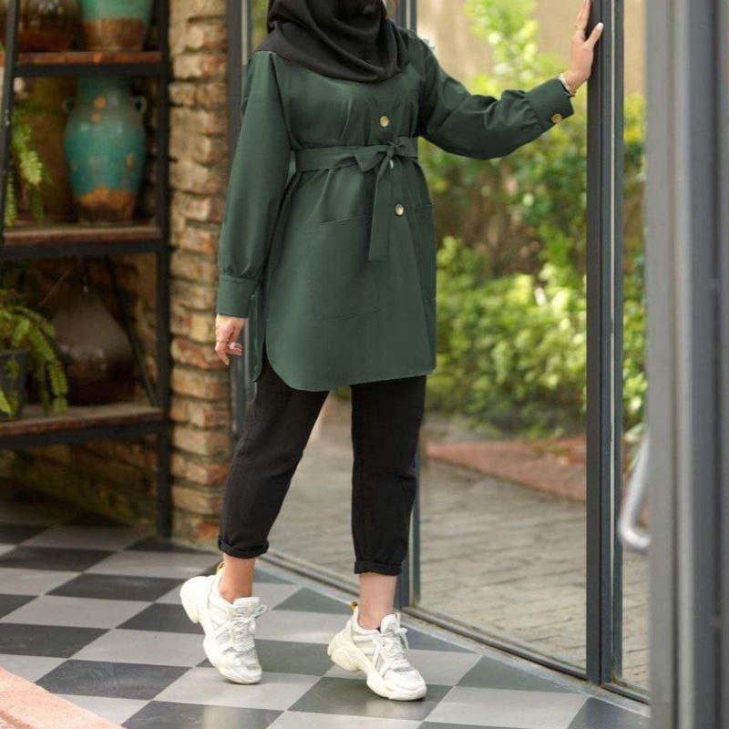 مانتو دانشجویی  جنس پرشیا قد87 فری سایز تا 46 کمربند دار  آستین مچی