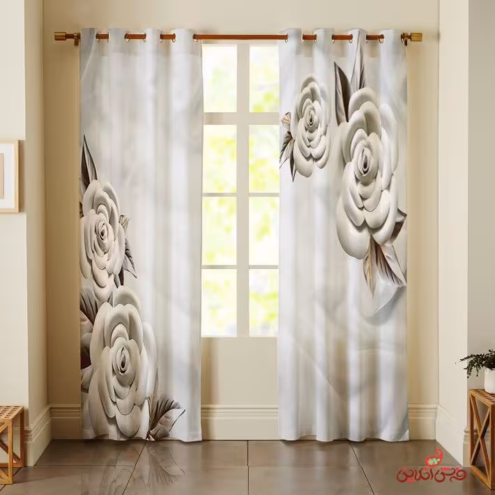 پرده 2عددی گل سفید مشکی کد 2500