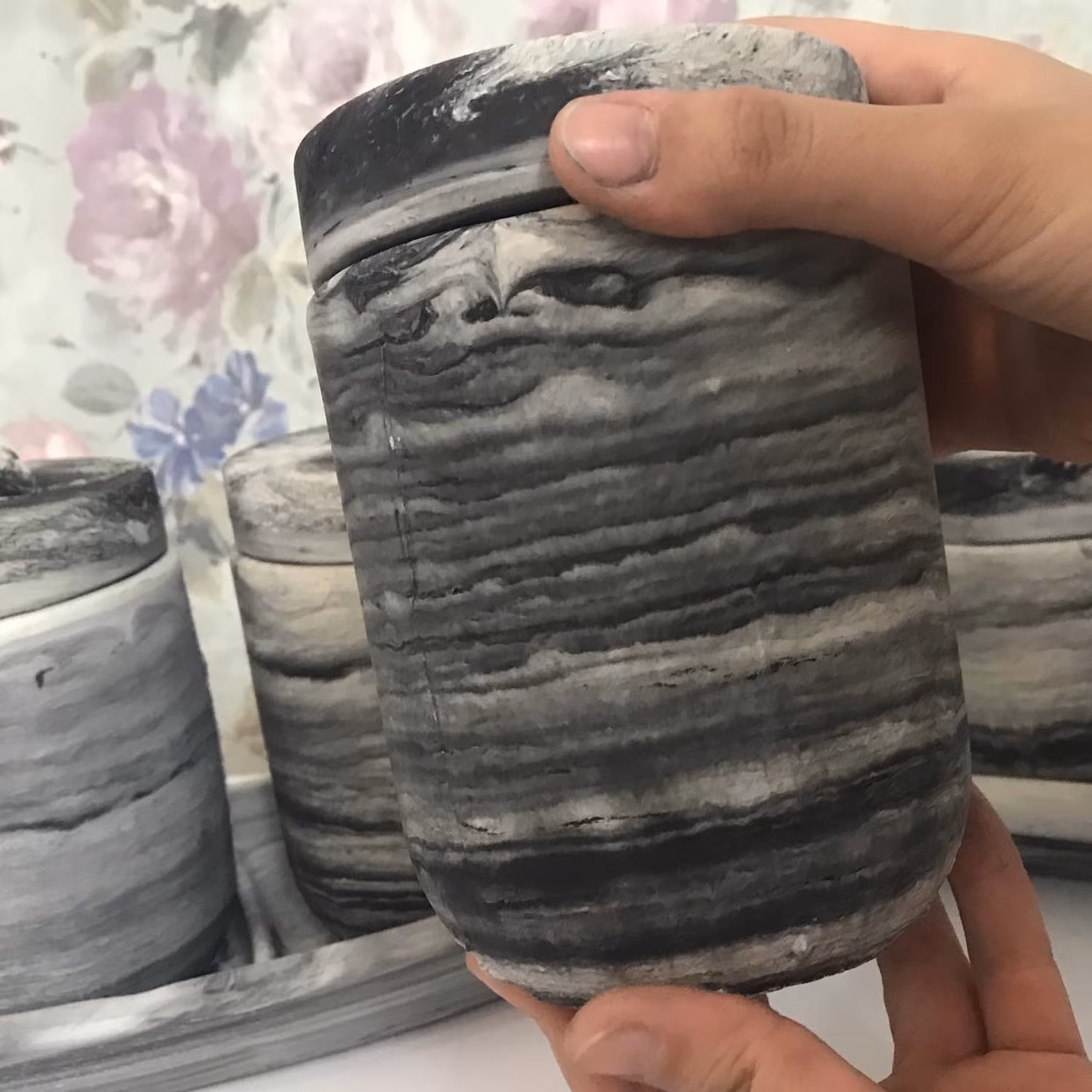 بانکه پاسماوری سه تایی باسینی سایز بزرگ طرح سنگی رگه مشکی