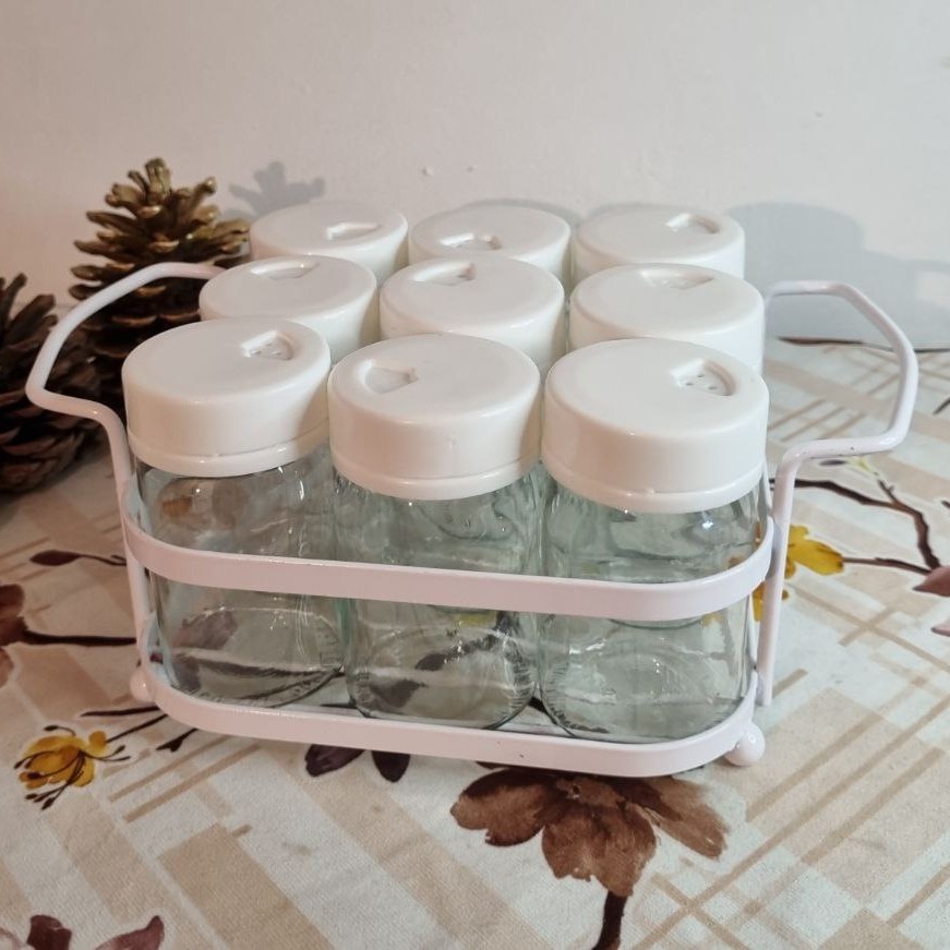 جا ادویه ای 10 پارچه،جنس شیشه ای،رنگ سفید،دارای استند