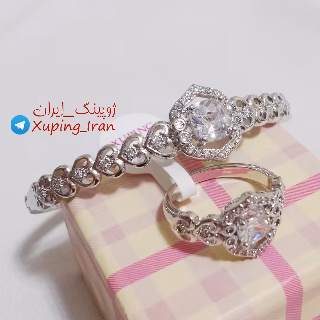 ست دستبند النگویی و انگشتر ژوپینگ قلبی نگین دار Xuping طرح طلا سفید تکپوش قلب هدیه کادو