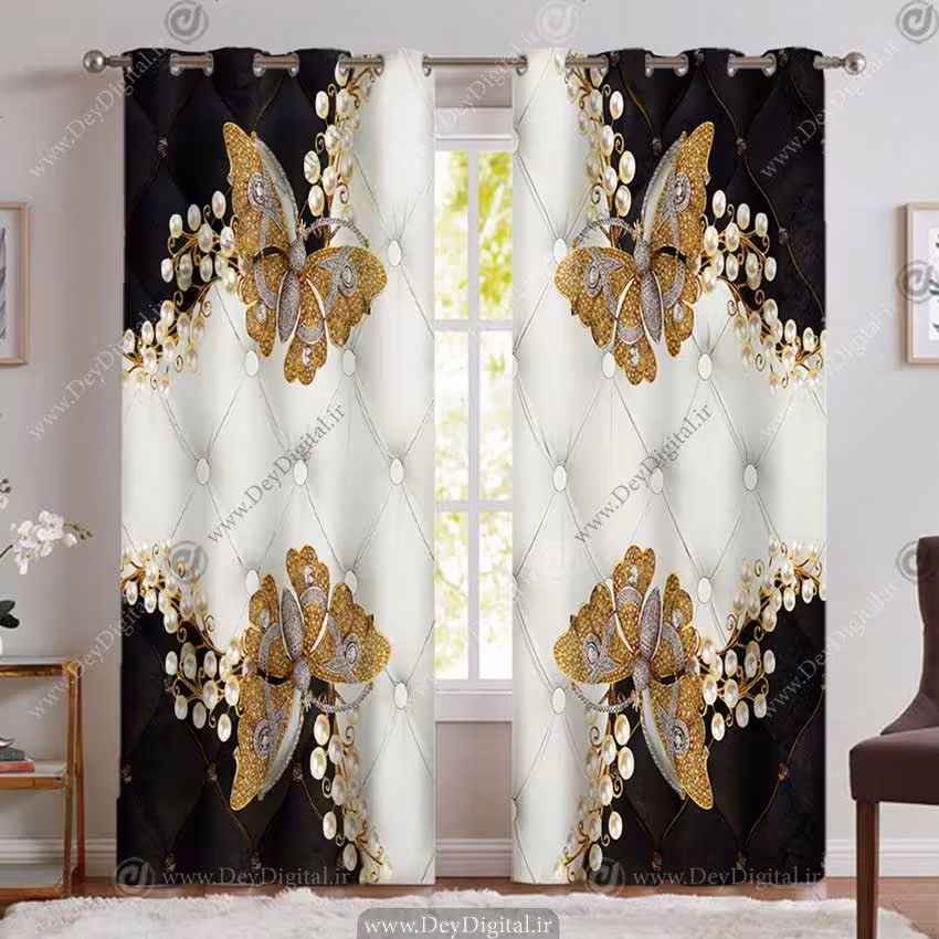 پرده پانچی طرح پروانه طلایی نگین دار با زمینه لمسه PK-5290