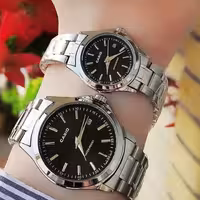 ست ساعت کاسیو زنانه و مردانه  با هم  بنداستیل نقره ای صفحه مشکی

