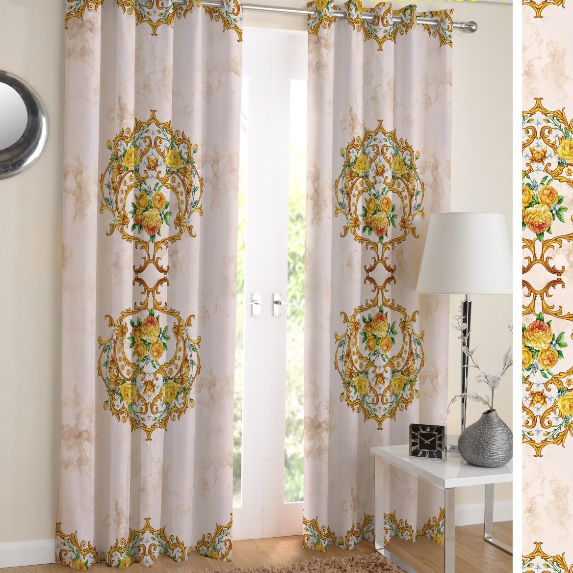 پرده اتاق خواب دو قواره پانچ آماده طرح فانتزی گل کد P8044