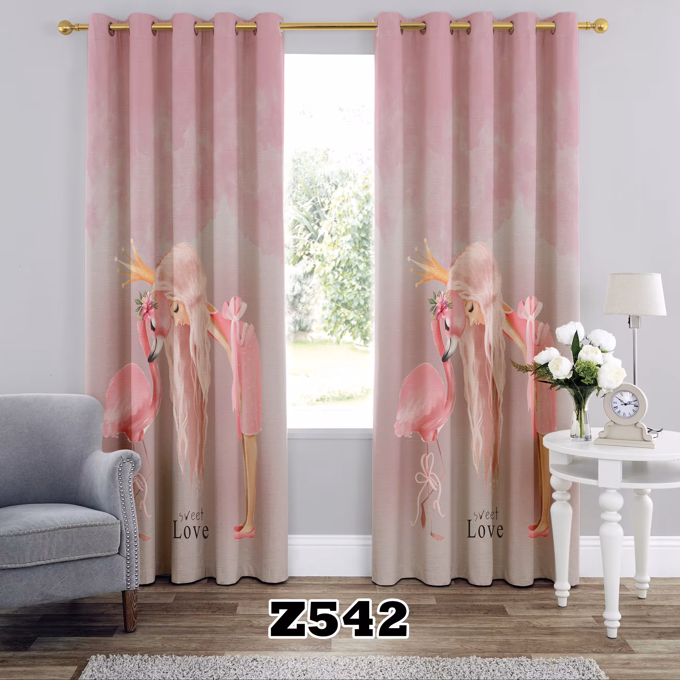 پرده چاپی طرح دخترانه صورتی کد Z542 تک قواره ارتفاع 300 عرض 140 سانت