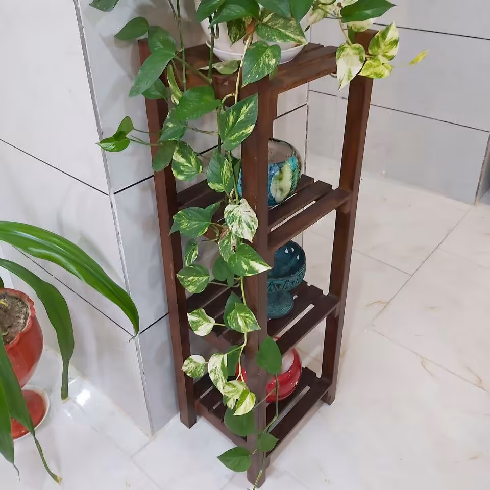 استند گل و گلدان چوبی چهارطبقه چوب روس رنگ قهوه ای تیره ضداب