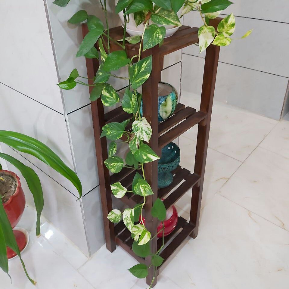 استند گل و گلدان چوبی چهارطبقه چوب روس رنگ قهوه ای تیره ضداب
