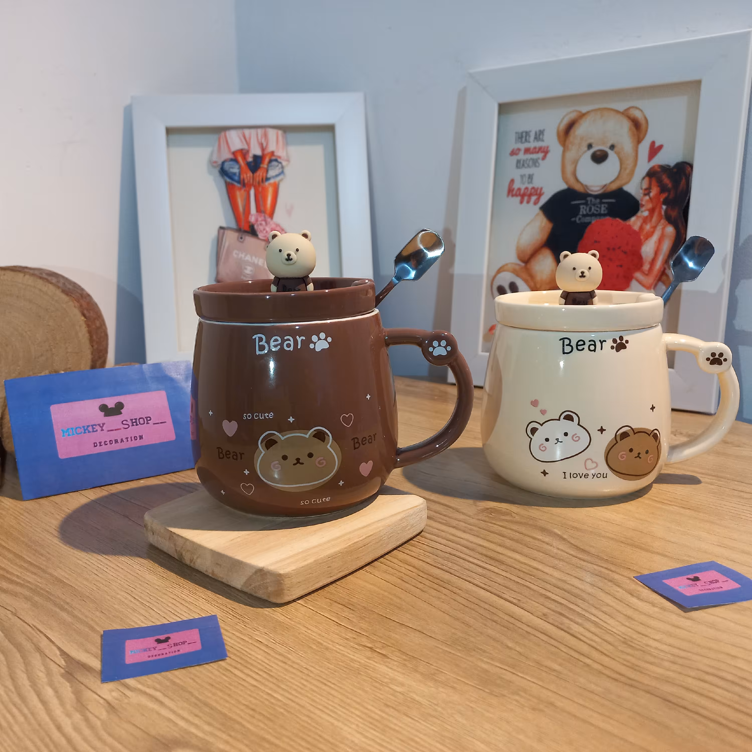 ماگ سرامیکی  فانتزی خرس قهوه ای و کرمی درب دار 