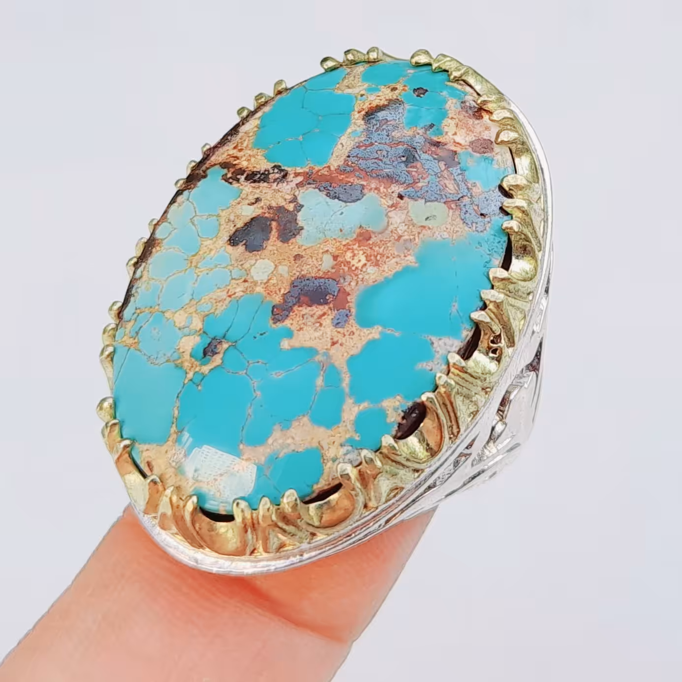 انگشتر نقره فیروزه نیشابوری درشت زیبا و زنده مردانه عیار 925