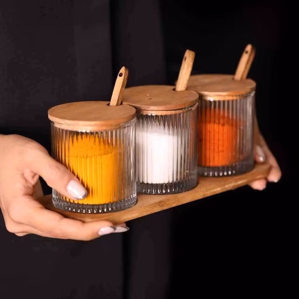 پاسماوری شیشه ای درب چوبی همراه با 3پیمانه چوبی