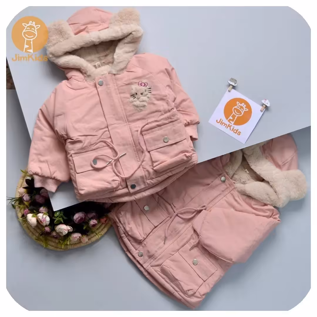 کاپشن دخترانه خارجی صورتی طرح کیتی 2 تا 8 سال کتان