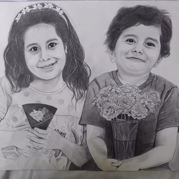 طراحی دو چهره کودک در یک قاب با سایز 42×65،هدیه ای ارزشمند و خاص