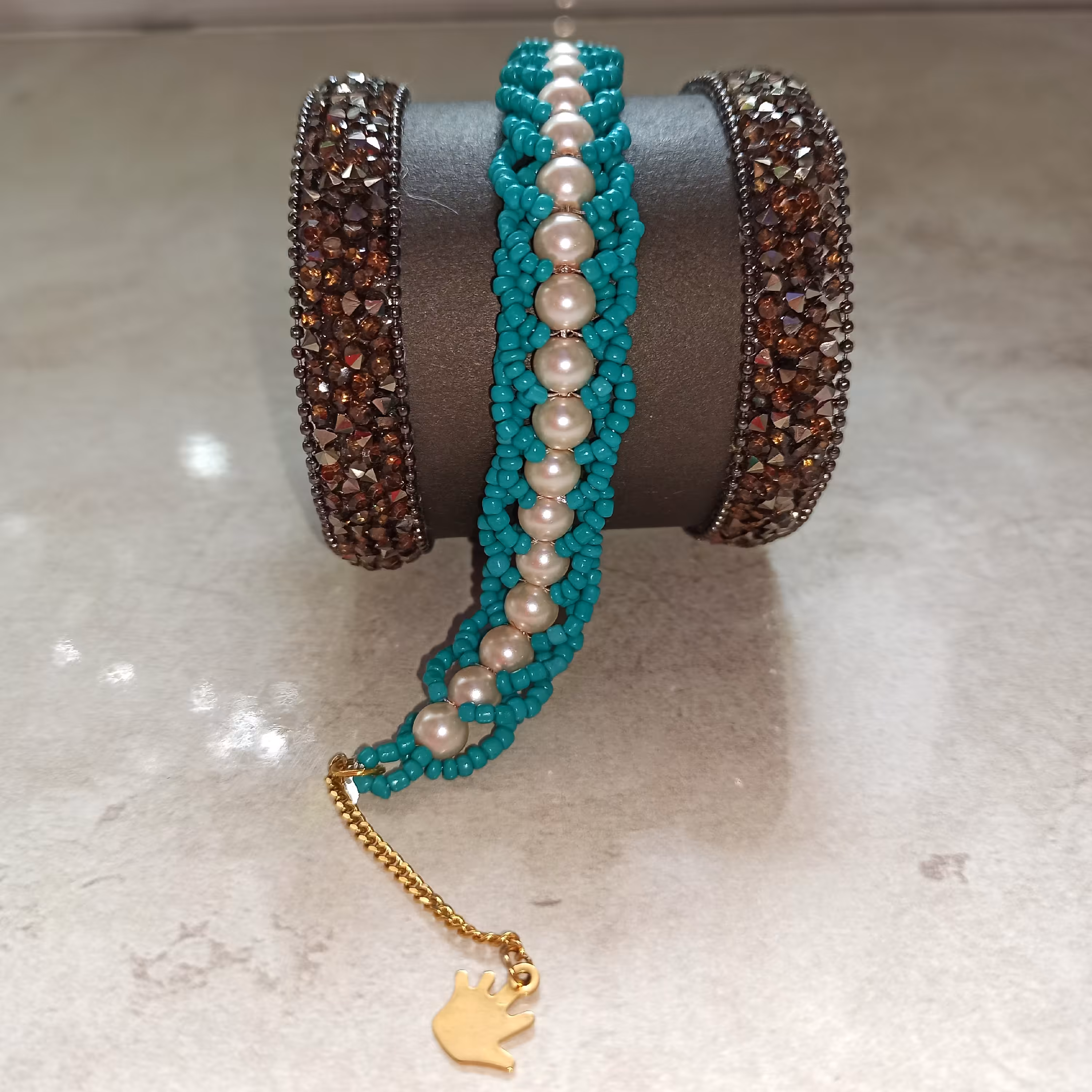 دستبند مروارید و منجوق سبز آبی