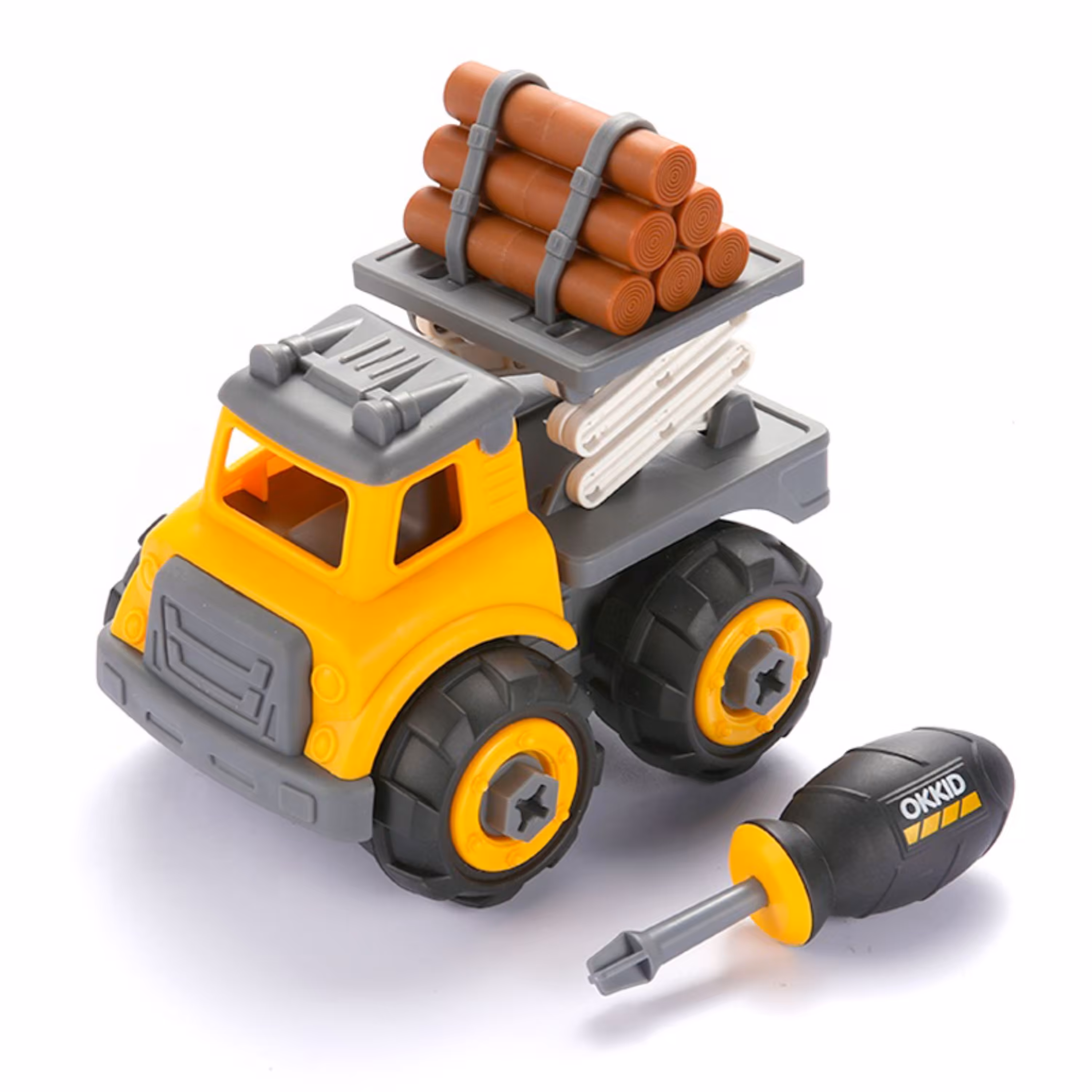 اسباب بازی ساختنی کامیون حمل چوب مدل ساز و باز اوکید okkid کد 1013 با پیچ گوشتی