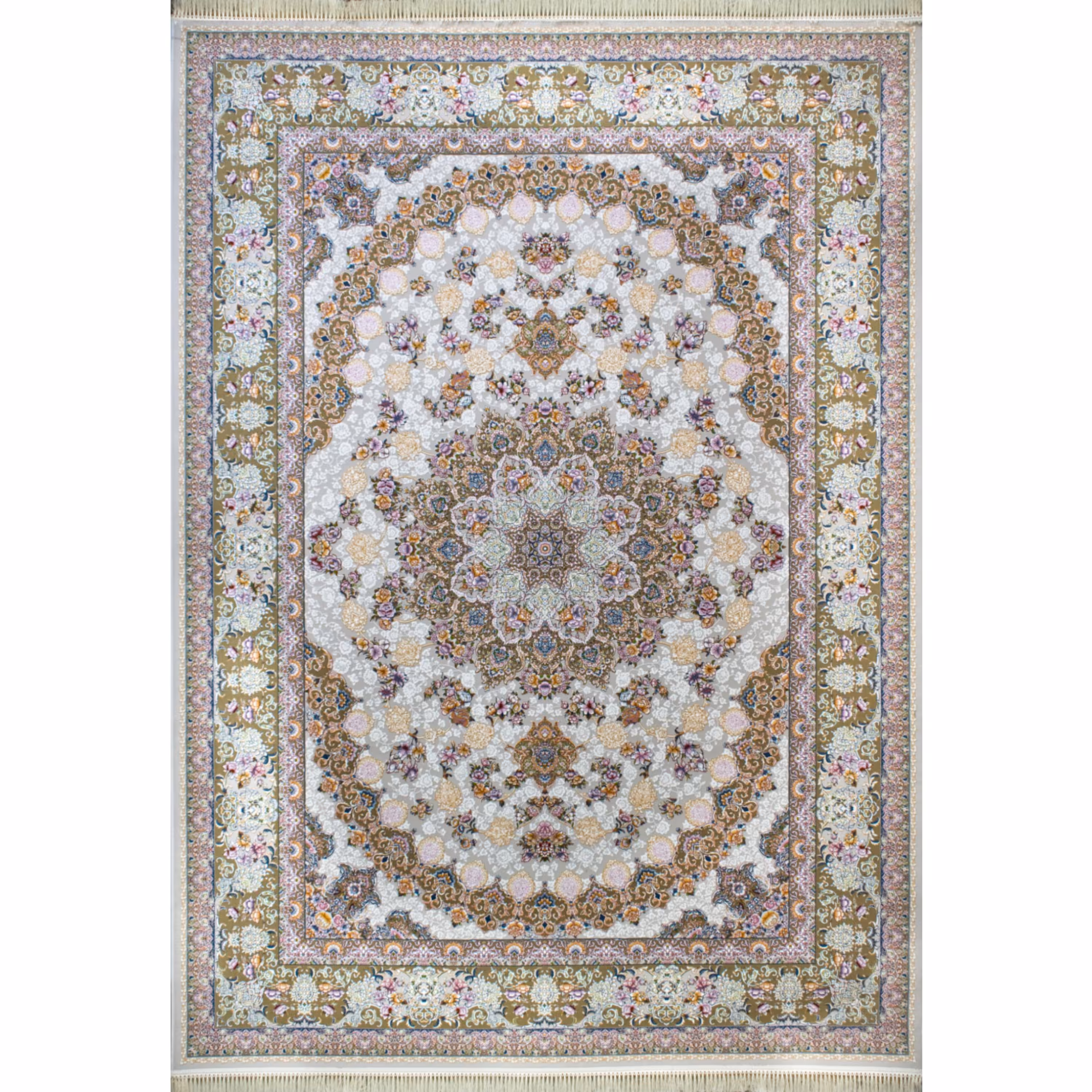 فرش ماشینی افرند 1200شانه گل برجسته زمینه نقره ای کد 2221 (نه متری)