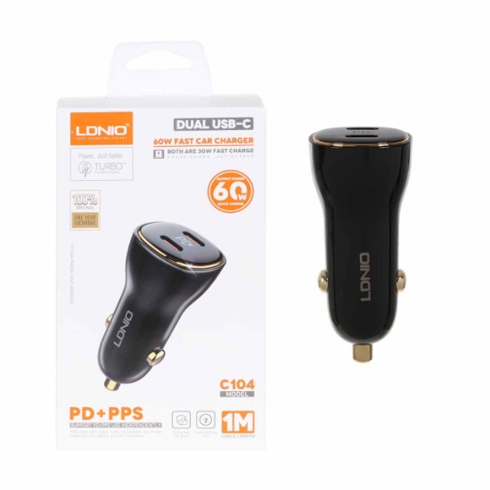 شارژر فندکی 60 وات الدینیو مدل C104 همراه با کابل USB-C