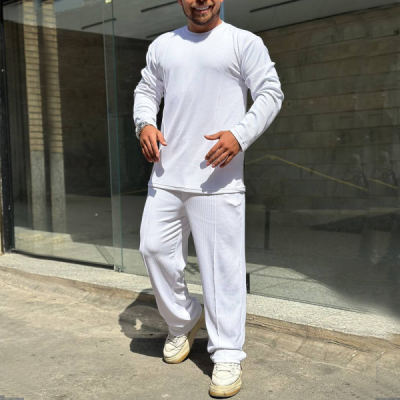 ست تیشرت آستین بلند و شــلوار فیتیله ای سفید