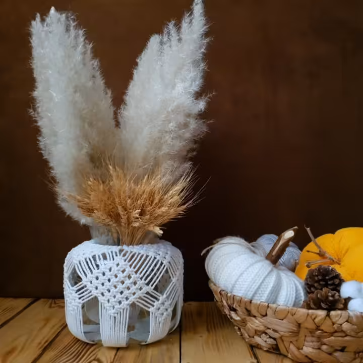 گلدان شیشه ای کاور مکرومه مدل برفین
